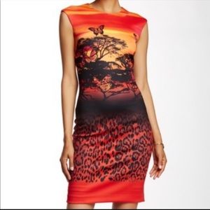 Catherine Melandrino printed scuba sheath dress.